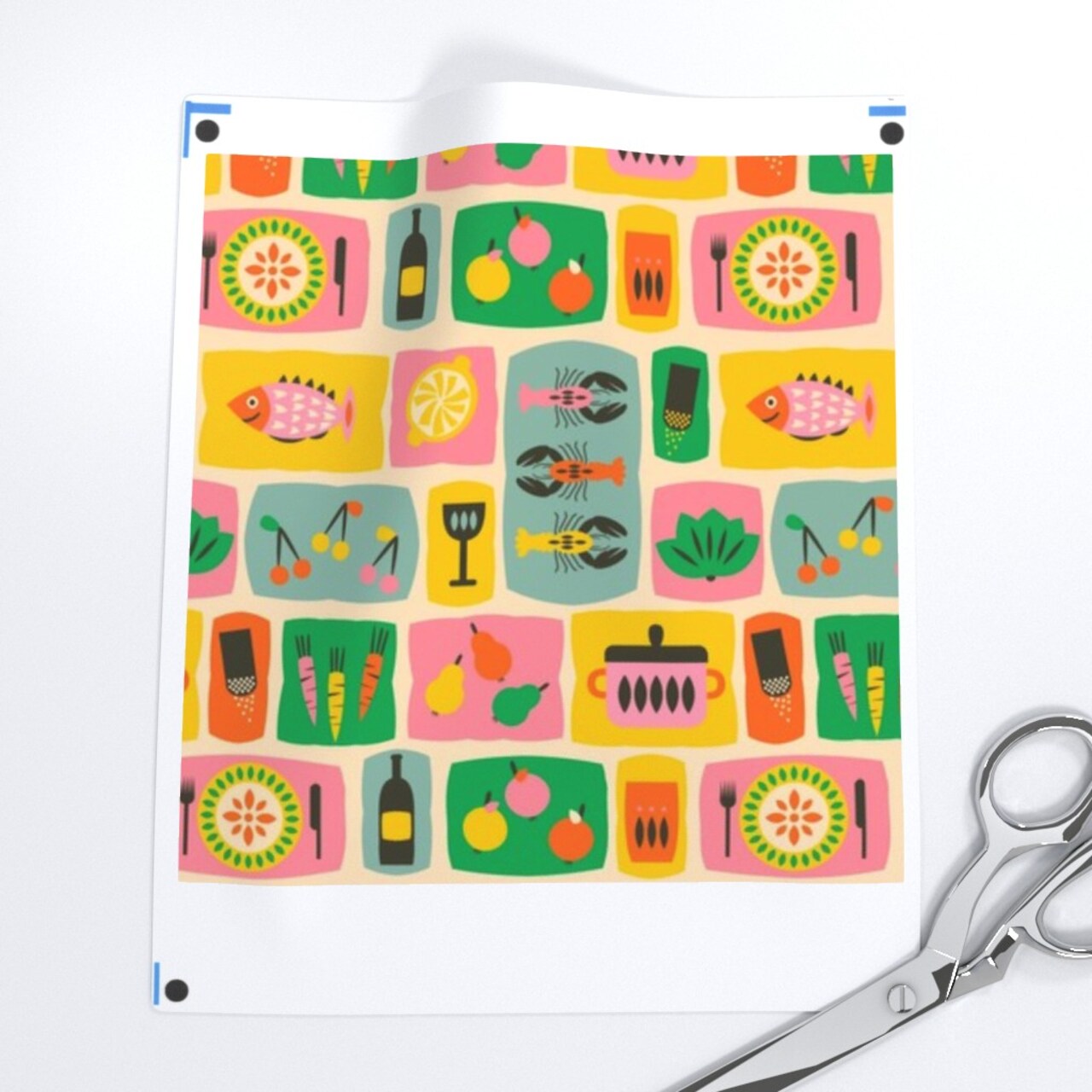 Mid Century Modern Bright Retro Green Yellow Pink Blue Fish Cherries Citrus Carrots Food Kitchen Custom Printed Fabric by Spoonflower Various Fabrics by the Yard or Fat Quarter